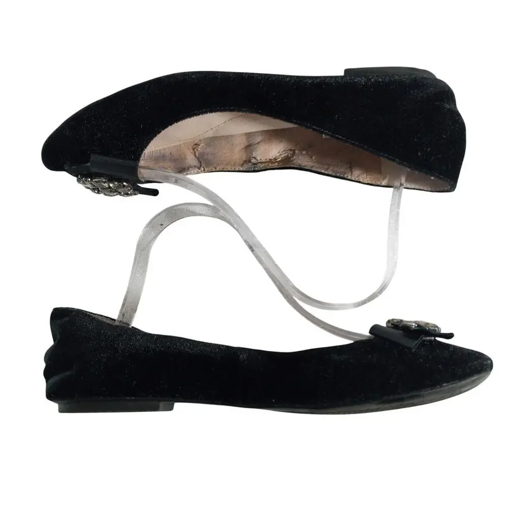 LANDS' END! BLACK VELVET & GROSGRAIN RIBBON BOW, RHINESTONE FLATS! SZ 9.5B